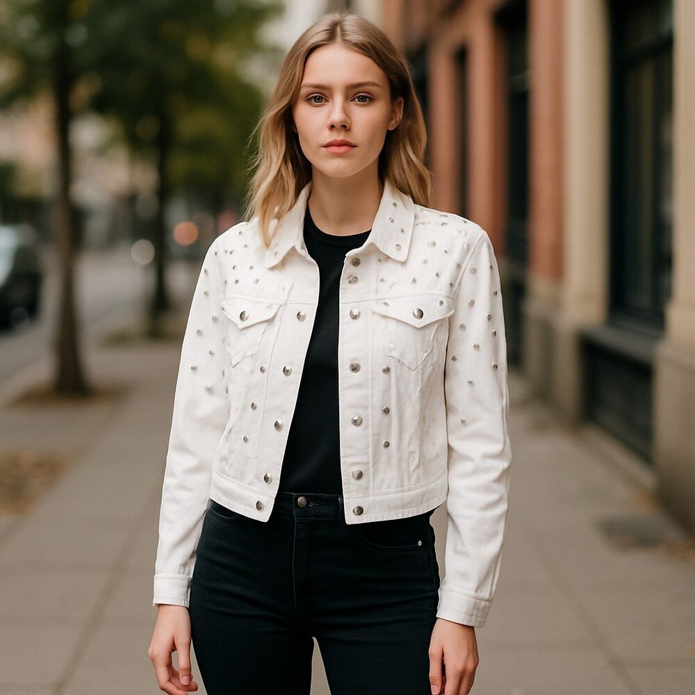 NWT  Ripped Embellishments White DenimJacket